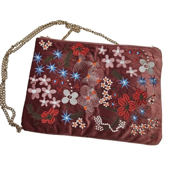 Embroidered Velvet Zip Top Pouch Purse Chainlink Shoulder Strap Mauve Pink - Picture 1 of 7
